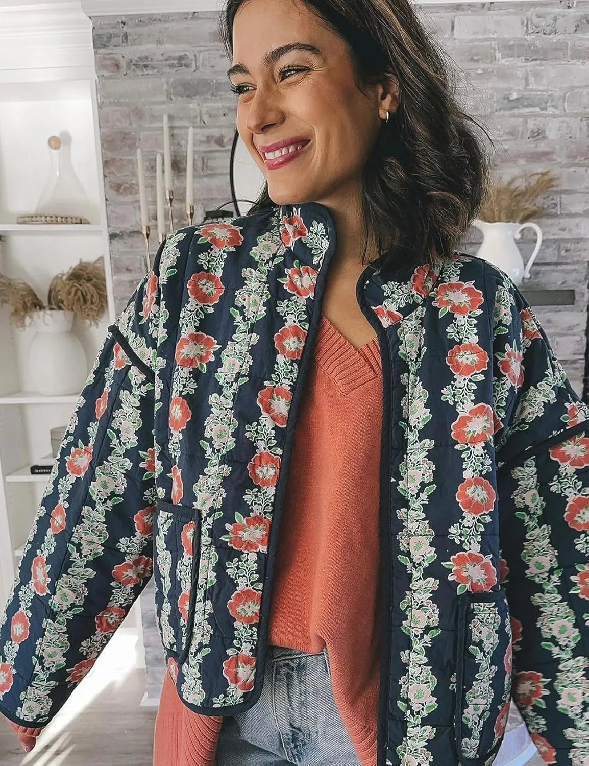 Yimoon Women's Cropped Puffer Quilted Jacket Vintage Floral Print Open Front Lightweight Short Jacket Outwear