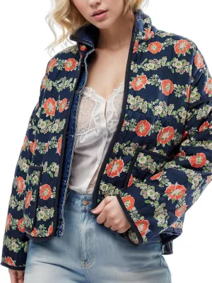 Yimoon Women's Cropped Puffer Quilted Jacket Vintage Floral Print Open Front Lightweight Short Jacket Outwear