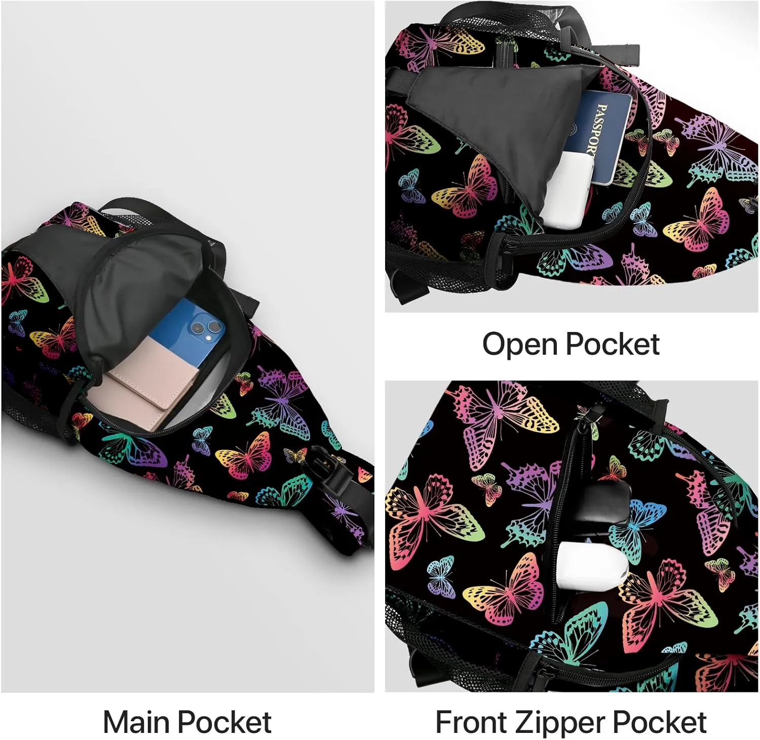 Yrebyou Butterfly Sling Bag for Women Men Chest Backpack Travel Crossbody Daypack for Hiking Cycling Running