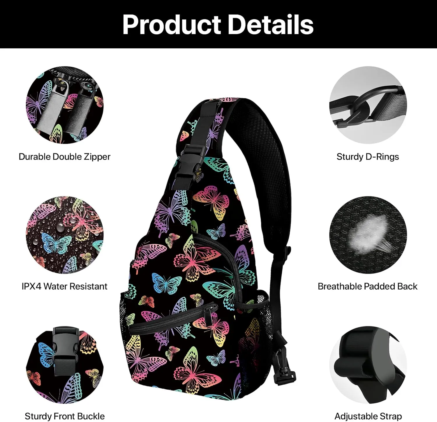 Yrebyou Butterfly Sling Bag for Women Men Chest Backpack Travel Crossbody Daypack for Hiking Cycling Running