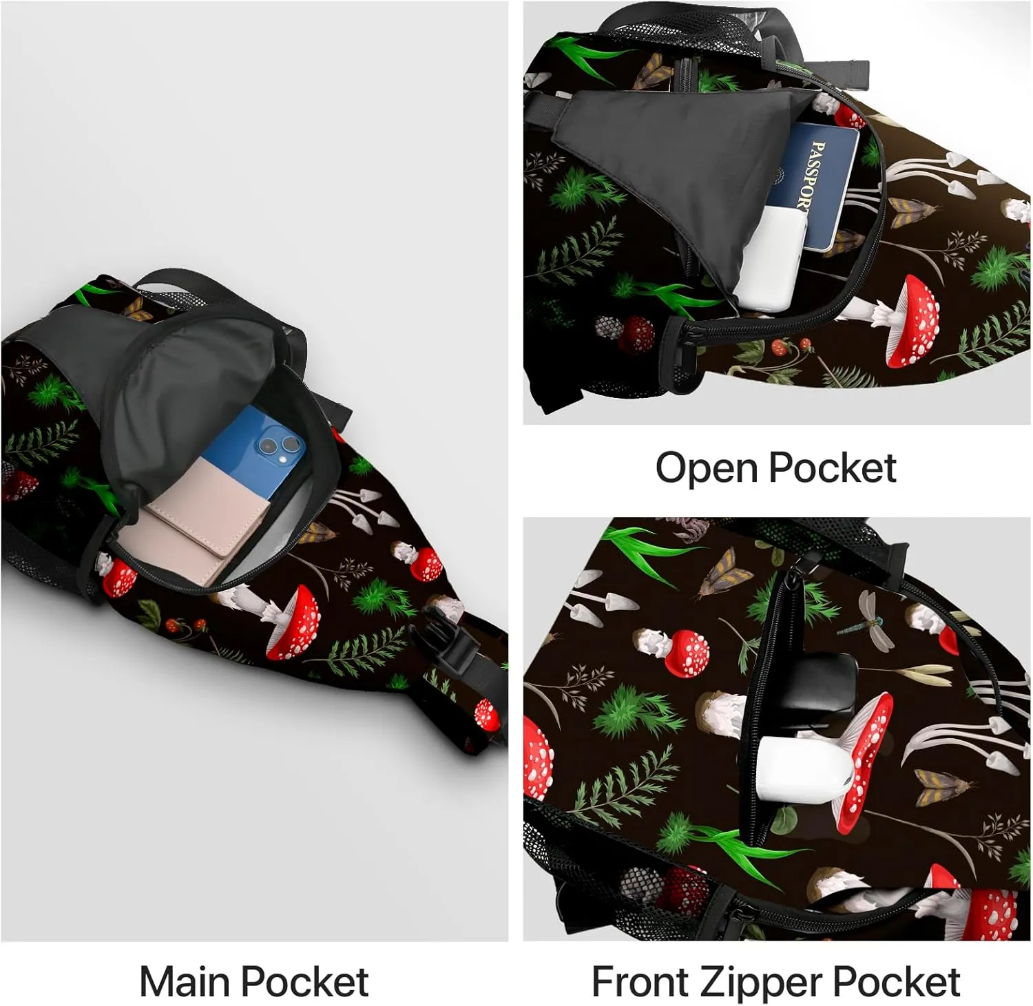 Yrebyou Mushroom Sling Bag for Women Men Chest Backpack Travel Crossbody Daypack for Hiking Cycling Running