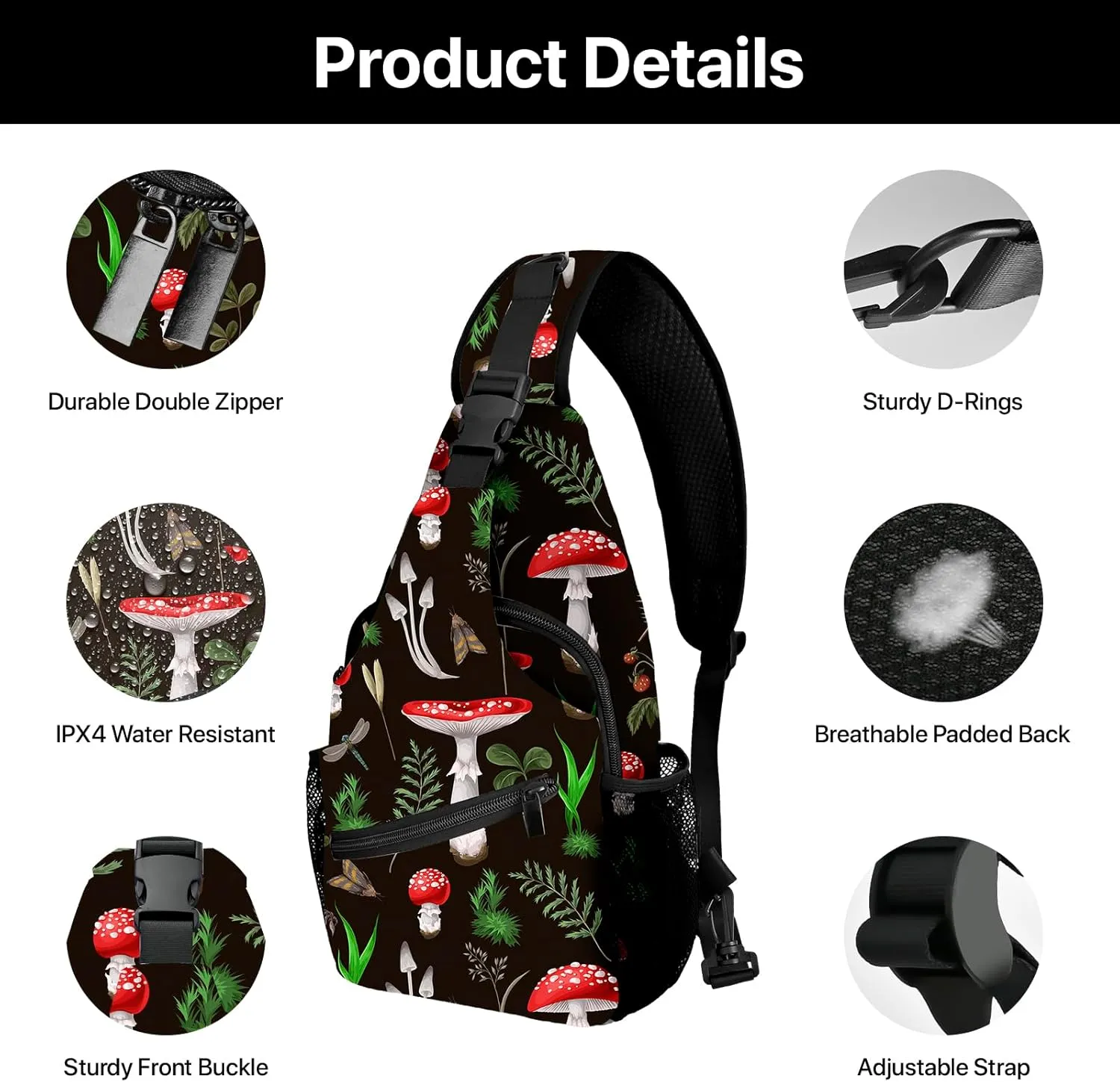 Yrebyou Mushroom Sling Bag for Women Men Chest Backpack Travel Crossbody Daypack for Hiking Cycling Running