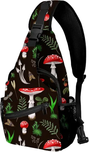 Yrebyou Mushroom Sling Bag for Women Men Chest Backpack Travel Crossbody Daypack for Hiking Cycling Running