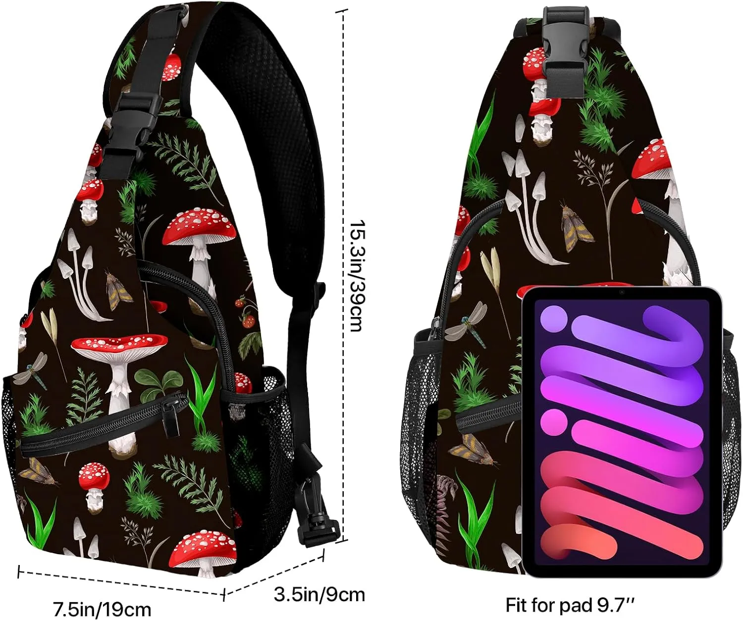 Yrebyou Mushroom Sling Bag for Women Men Chest Backpack Travel Crossbody Daypack for Hiking Cycling Running