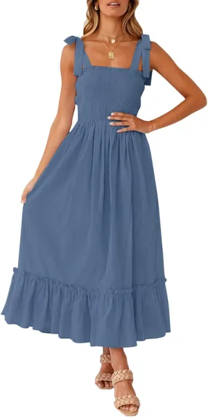 ZESICA Women's 2025 Summer Boho Spaghetti Strap Square Neck Solid Color Ruffle A Line Beach Long Maxi Dress