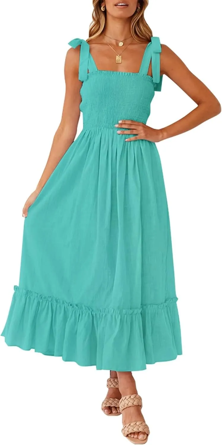 ZESICA Women's 2025 Summer Boho Spaghetti Strap Square Neck Solid Color Ruffle A Line Beach Long Maxi Dress