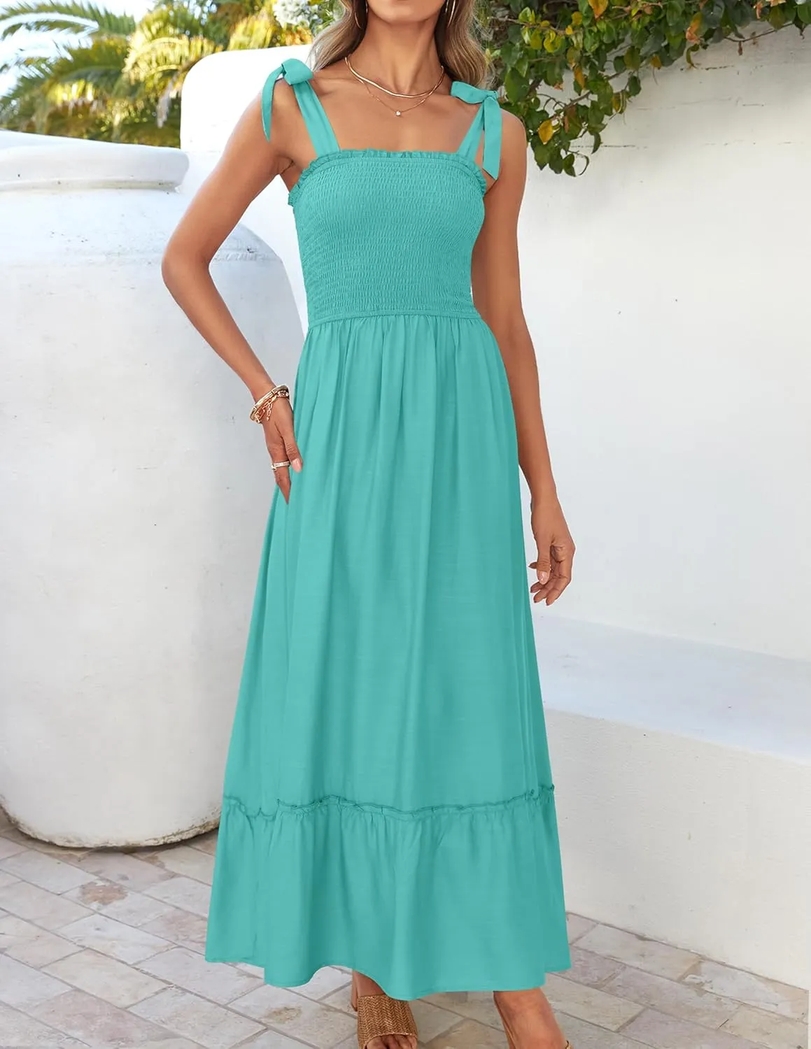 ZESICA Women's 2025 Summer Boho Spaghetti Strap Square Neck Solid Color Ruffle A Line Beach Long Maxi Dress