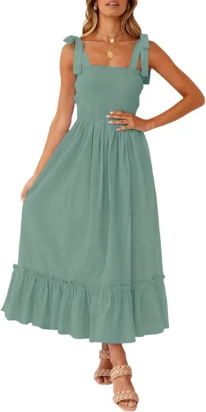 ZESICA Women's 2025 Summer Boho Spaghetti Strap Square Neck Solid Color Ruffle A Line Beach Long Maxi Dress