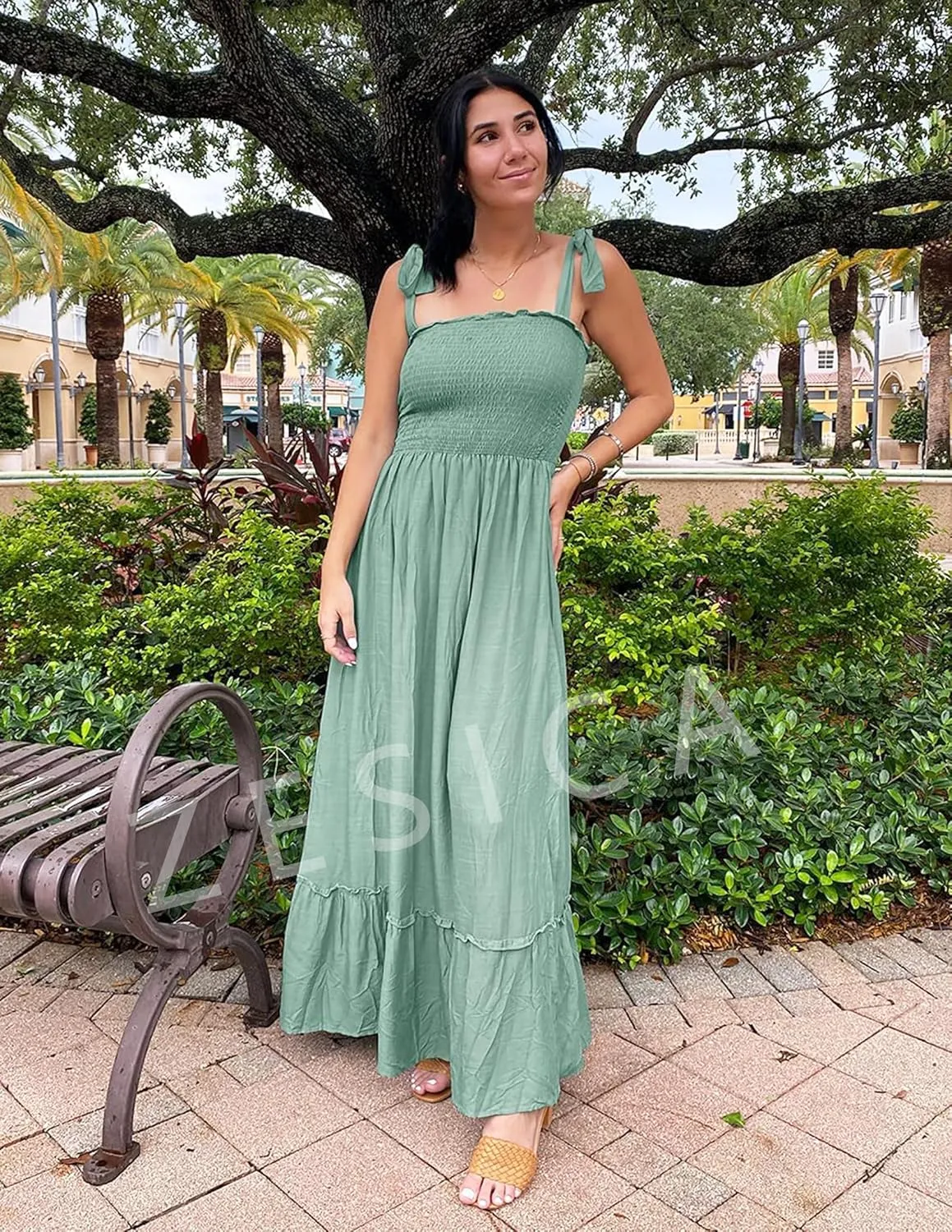 ZESICA Women's 2025 Summer Boho Spaghetti Strap Square Neck Solid Color Ruffle A Line Beach Long Maxi Dress