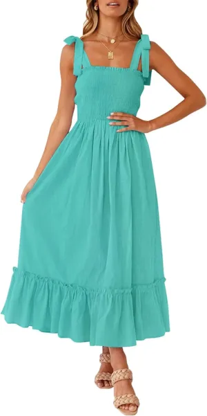 ZESICA Women's 2025 Summer Boho Spaghetti Strap Square Neck Solid Color Ruffle A Line Beach Long Maxi Dress