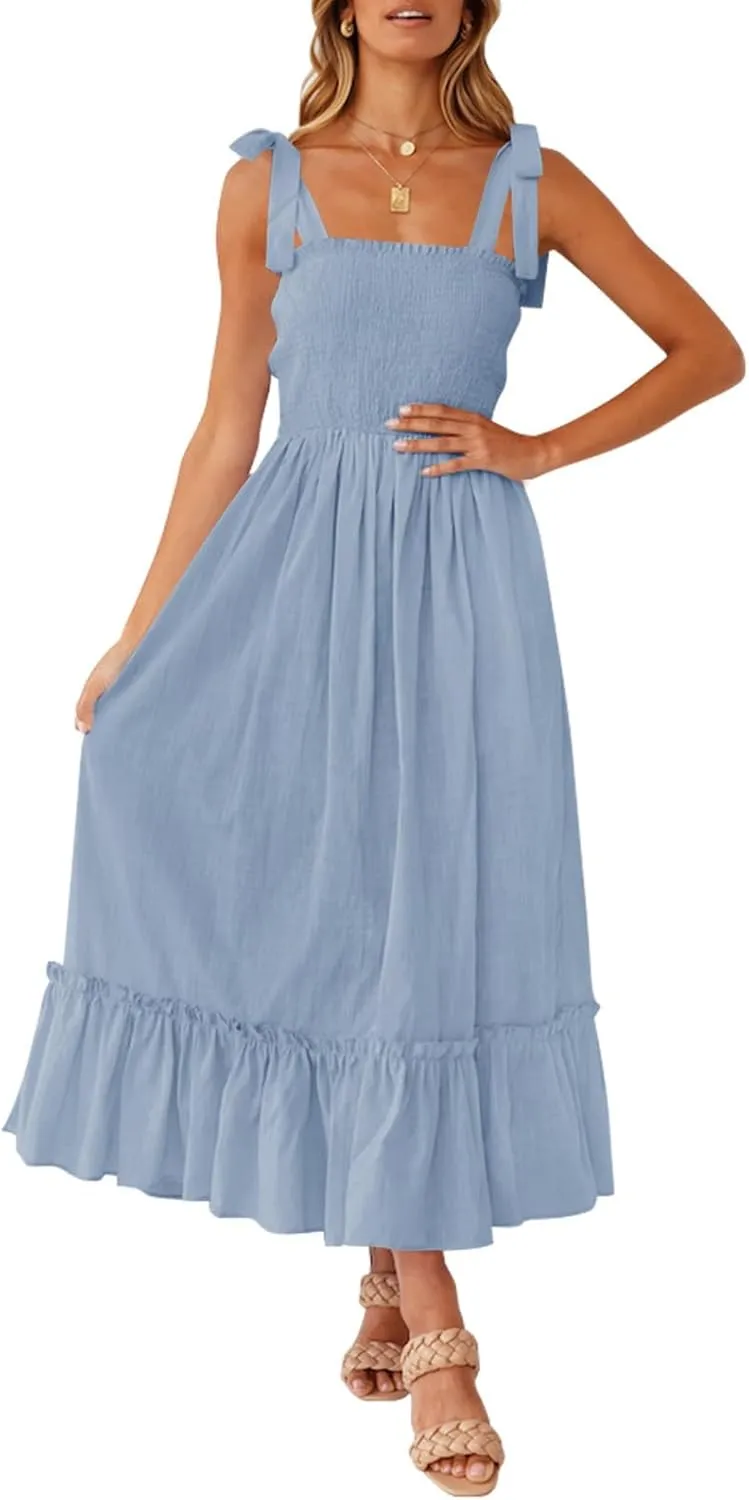 ZESICA Women's 2025 Summer Boho Spaghetti Strap Square Neck Solid Color Ruffle A Line Beach Long Maxi Dress