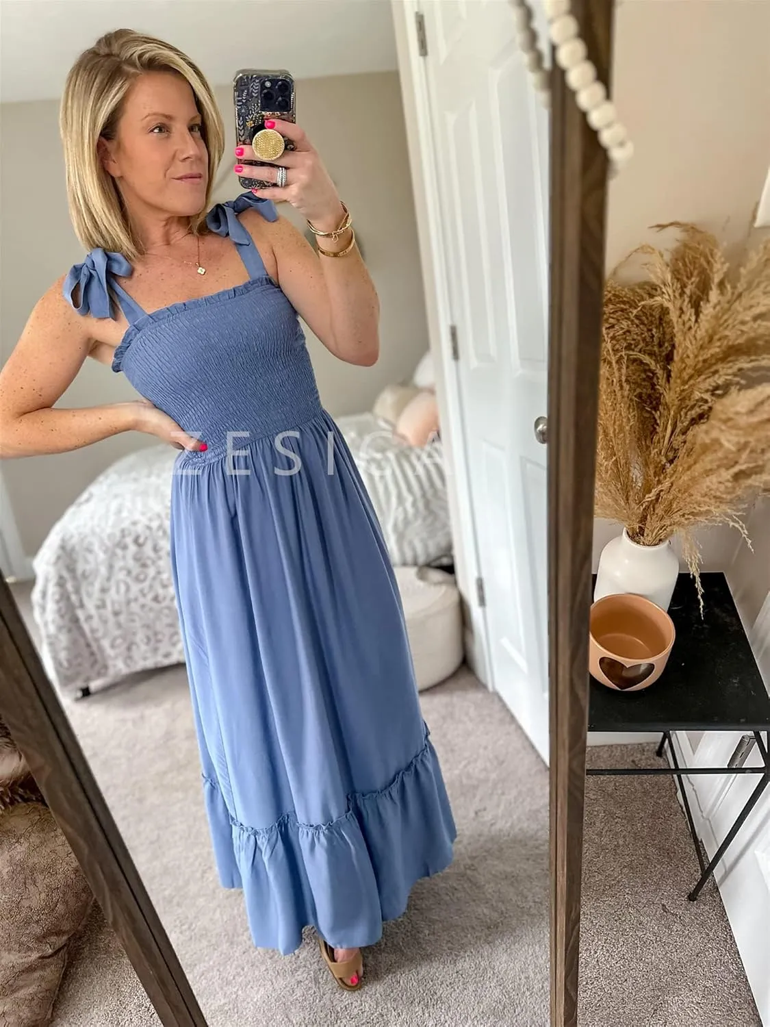 ZESICA Women's 2025 Summer Boho Spaghetti Strap Square Neck Solid Color Ruffle A Line Beach Long Maxi Dress