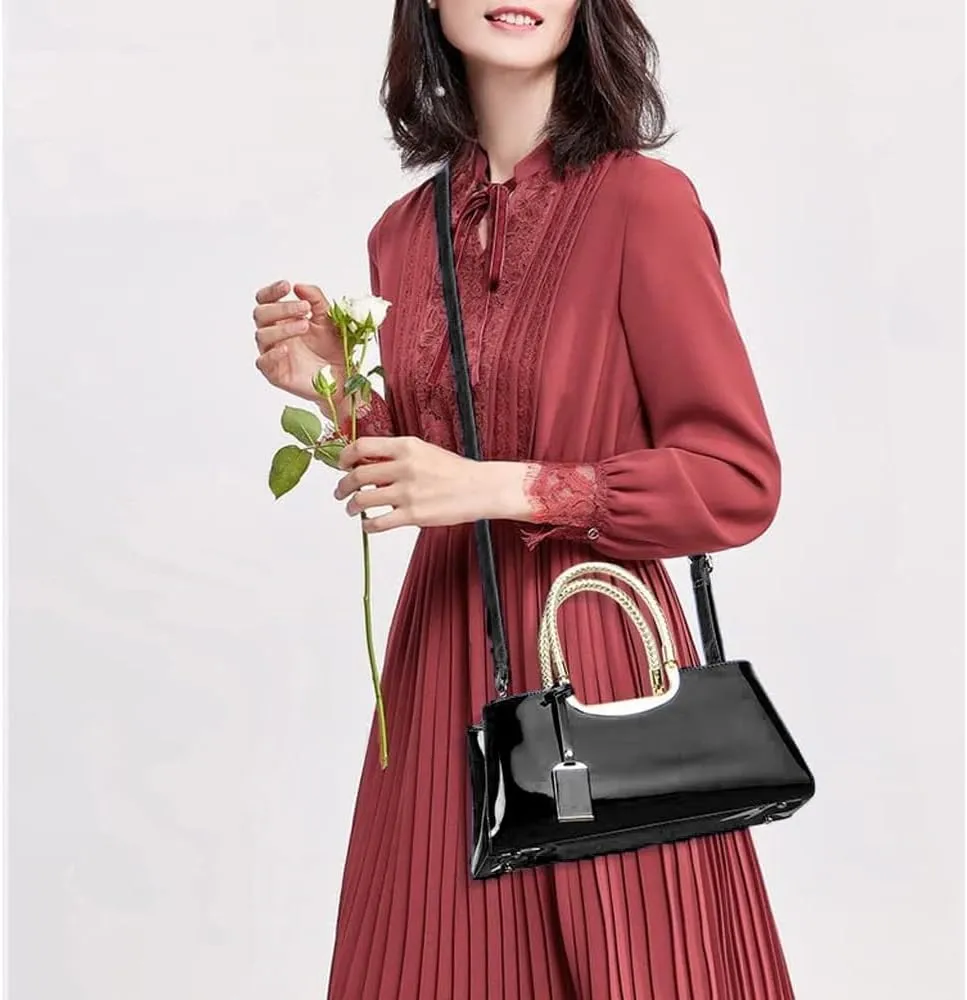 ZiMing Patent Leather Handbag for Women Top Handle Evening Bags Satchel Ladies Shoulder Bag Long Purse Wedding Party Prom
